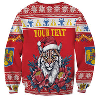 Red crewneck sweatshirt with lynx in hat, peony-like flowers, and custom text area