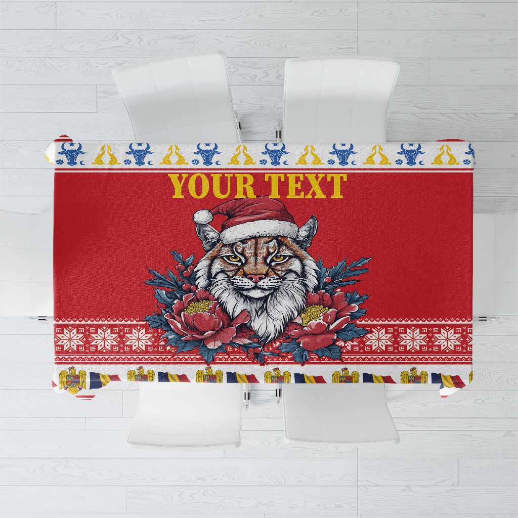 Red Christmas tablecloth with lynx and peony artwork, blue-and-gold patterned border