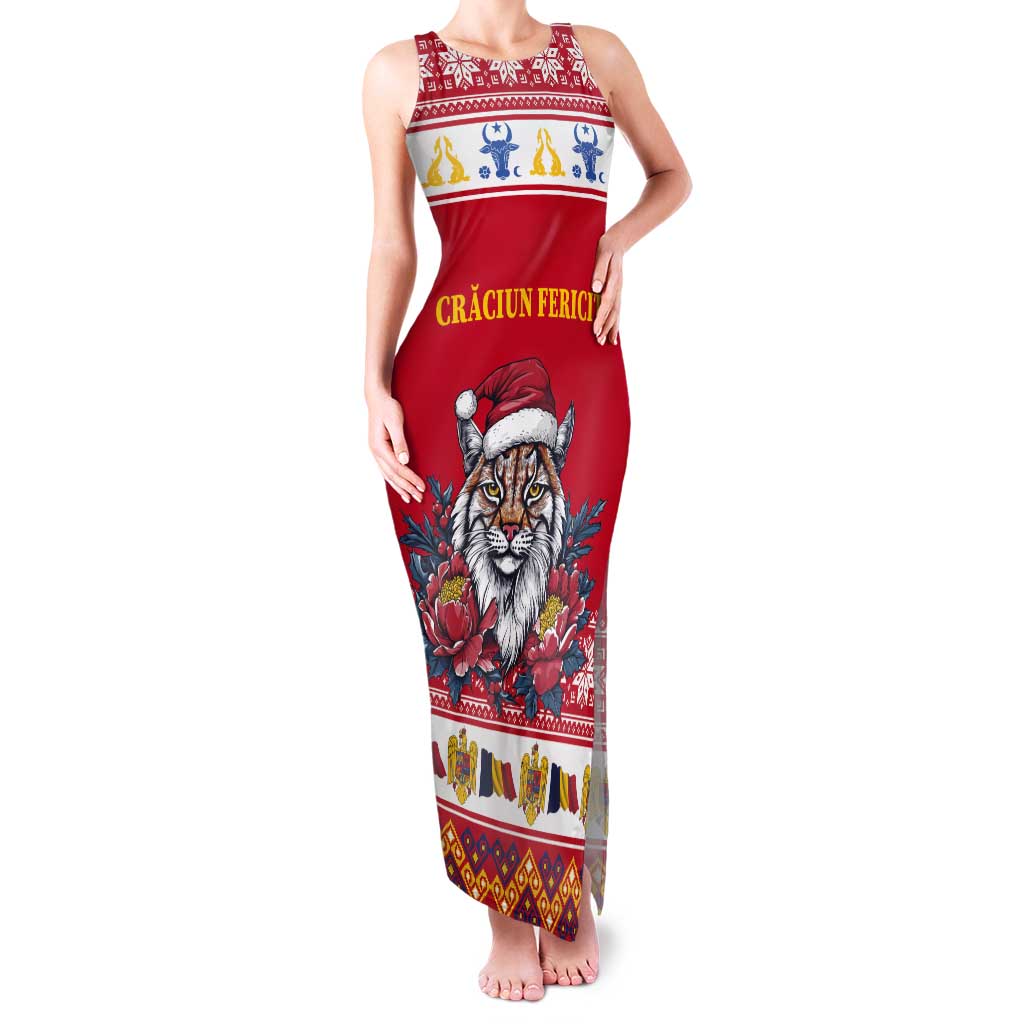 Personalized Romania Christmas Tank Maxi Dress Eurasian Lynx With Peony Flowers - Wonder Print Shop