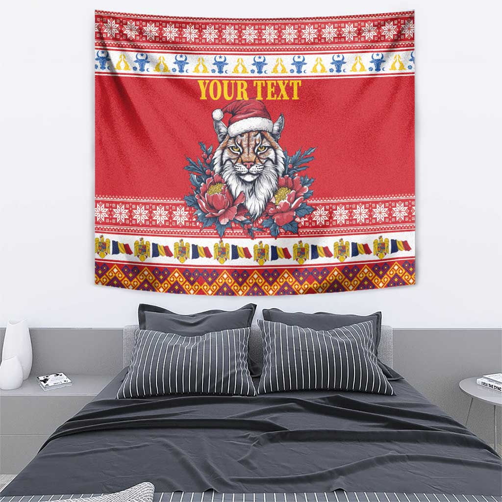 Red Christmas wall tapestry with lynx in Santa hat, peony bouquet, and “YOUR TEXT”