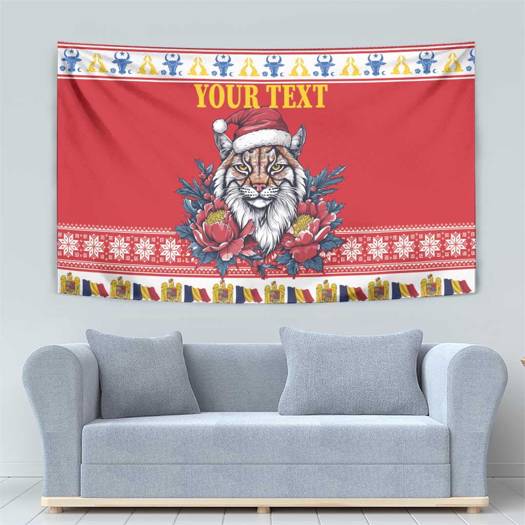 Red Christmas tapestry with Eurasian lynx in Santa hat, peony blooms, and “YOUR TEXT” title