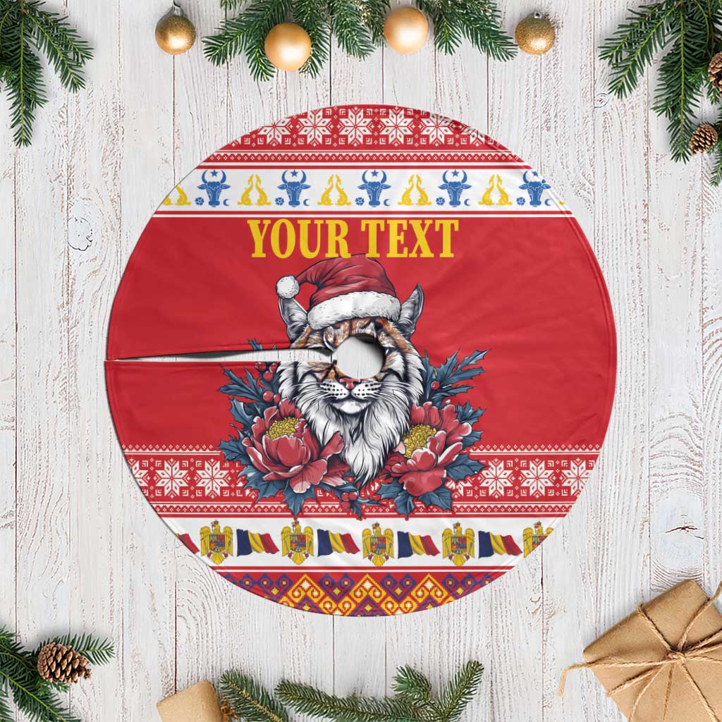 Personalized Romania Christmas Tree Skirt Eurasian Lynx With Peony Flowers - Wonder Print Shop