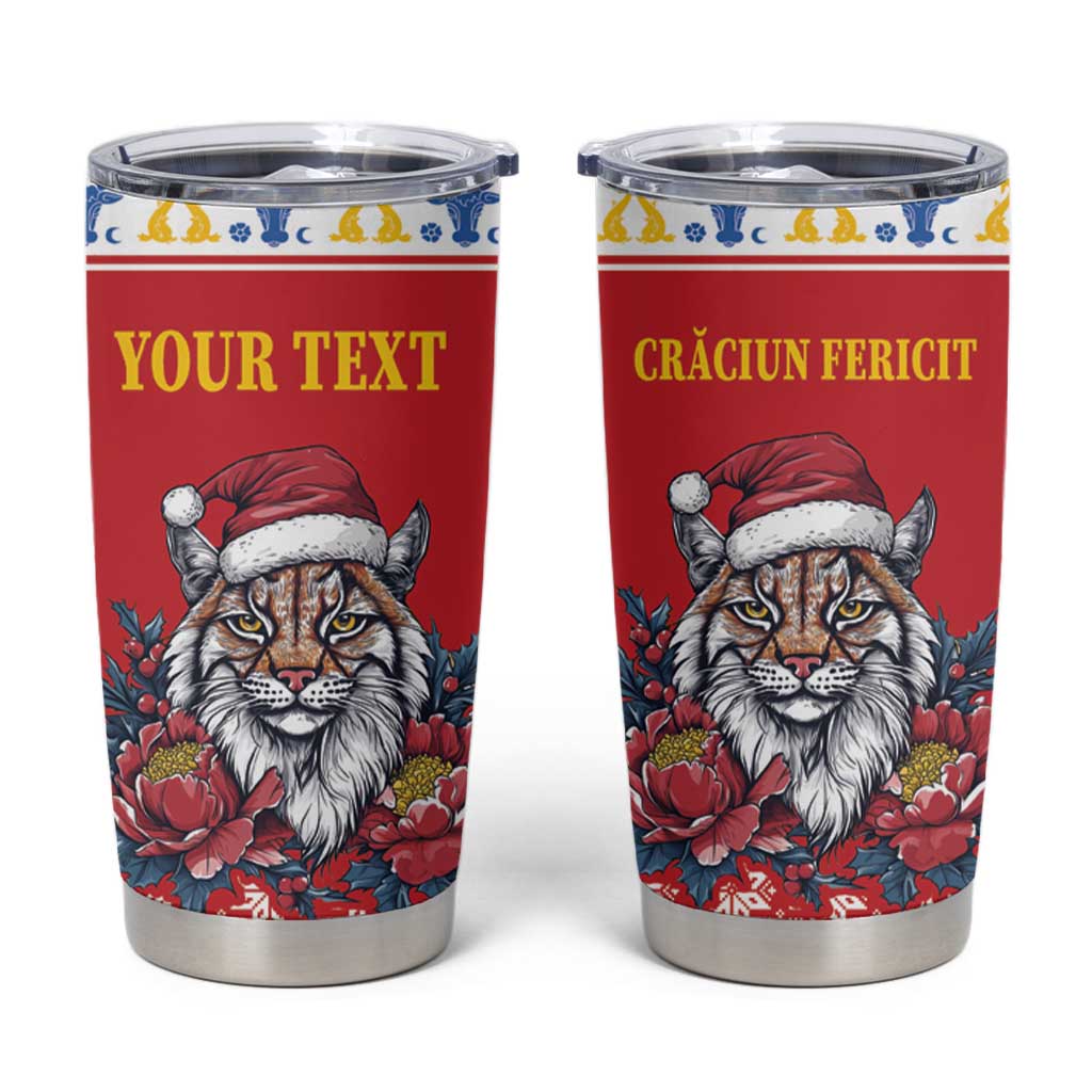 Personalized Romania Christmas Tumbler Cup Eurasian Lynx With Peony Flowers - Wonder Print Shop