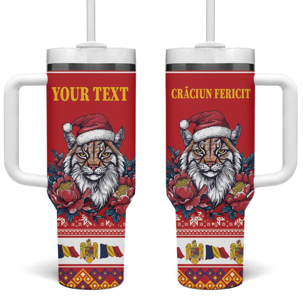 Personalized Romania Christmas Tumbler With Handle Eurasian Lynx With Peony Flowers - Wonder Print Shop