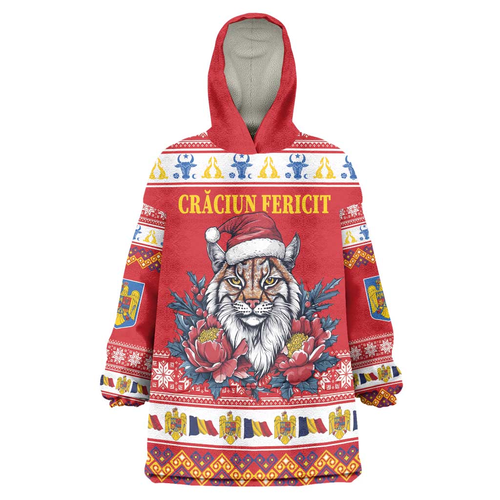 Personalized Romania Christmas Wearable Blanket Hoodie Eurasian Lynx With Peony Flowers