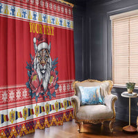 Red curtain panel with lynx and peony flowers plus “YOUR TEXT” print, hanging by a window