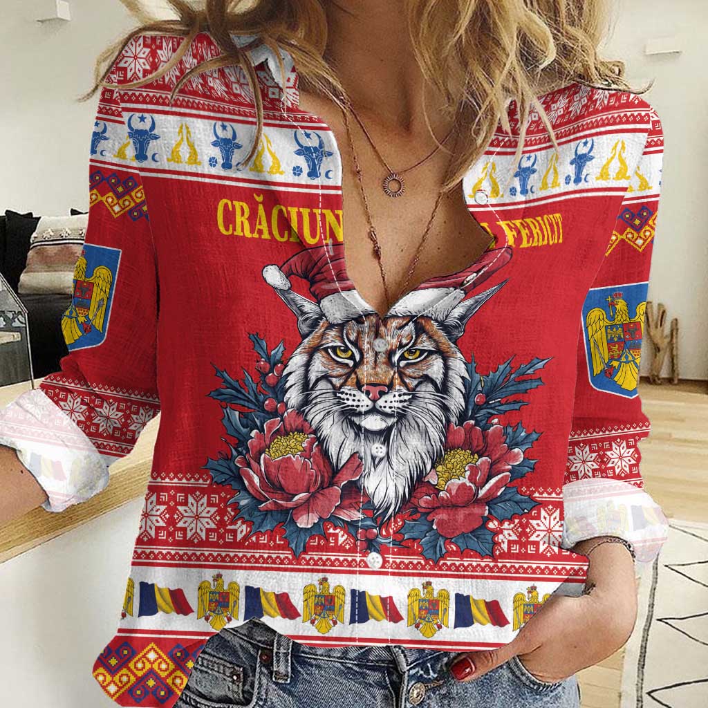 Personalized Romania Christmas Women Casual Shirt Eurasian Lynx With Peony Flowers