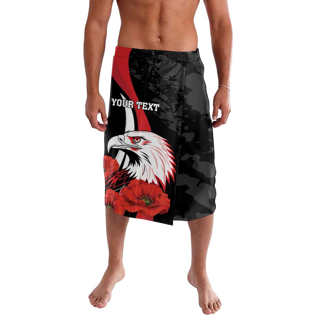 Black camouflage board shorts with eagle, poppy flower, and 'YOUR TEXT' on leg