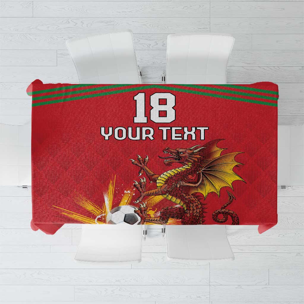 Red football tablecloth with green stripe border and dragon graphic, featuring number 18