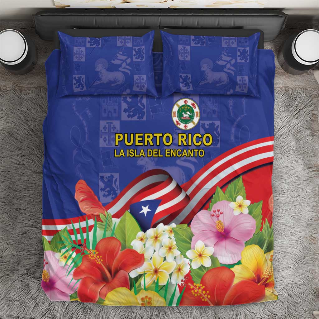 Blue Puerto Rico floral bedding set with flag stripes and matching pillowcases