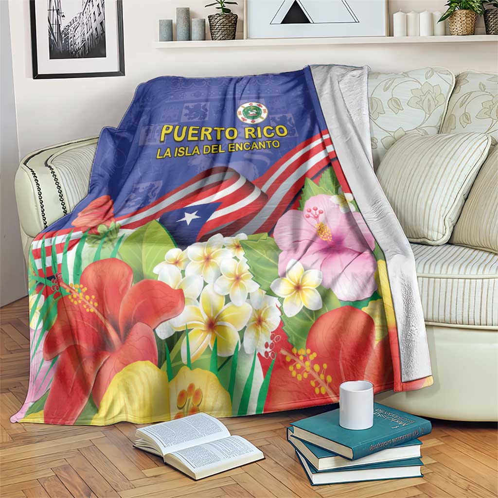Blue Puerto Rico-themed blanket on couch with emblem, flag stripes, and blooming flowers