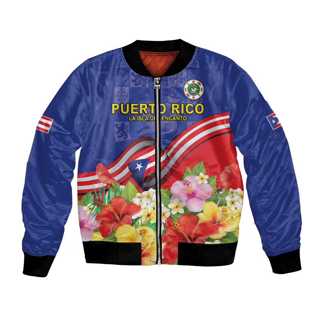 Blue bomber jacket with front zipper, Puerto Rico text and floral flag print