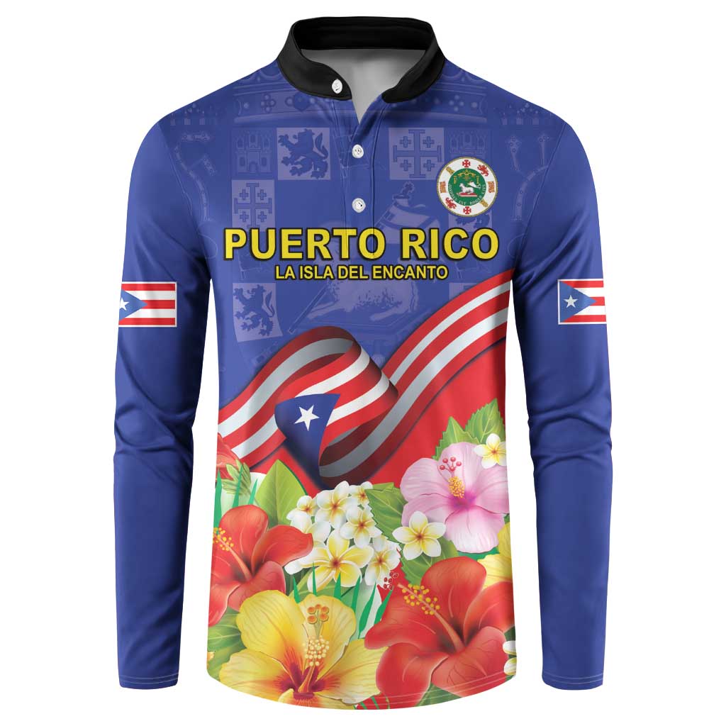 Blue long-sleeve button sweatshirt with black collar and large Puerto Rico crest front print