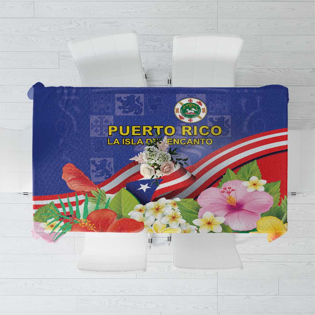 Blue Puerto Rico tablecloth with crest, red stripes, and tropical flower print