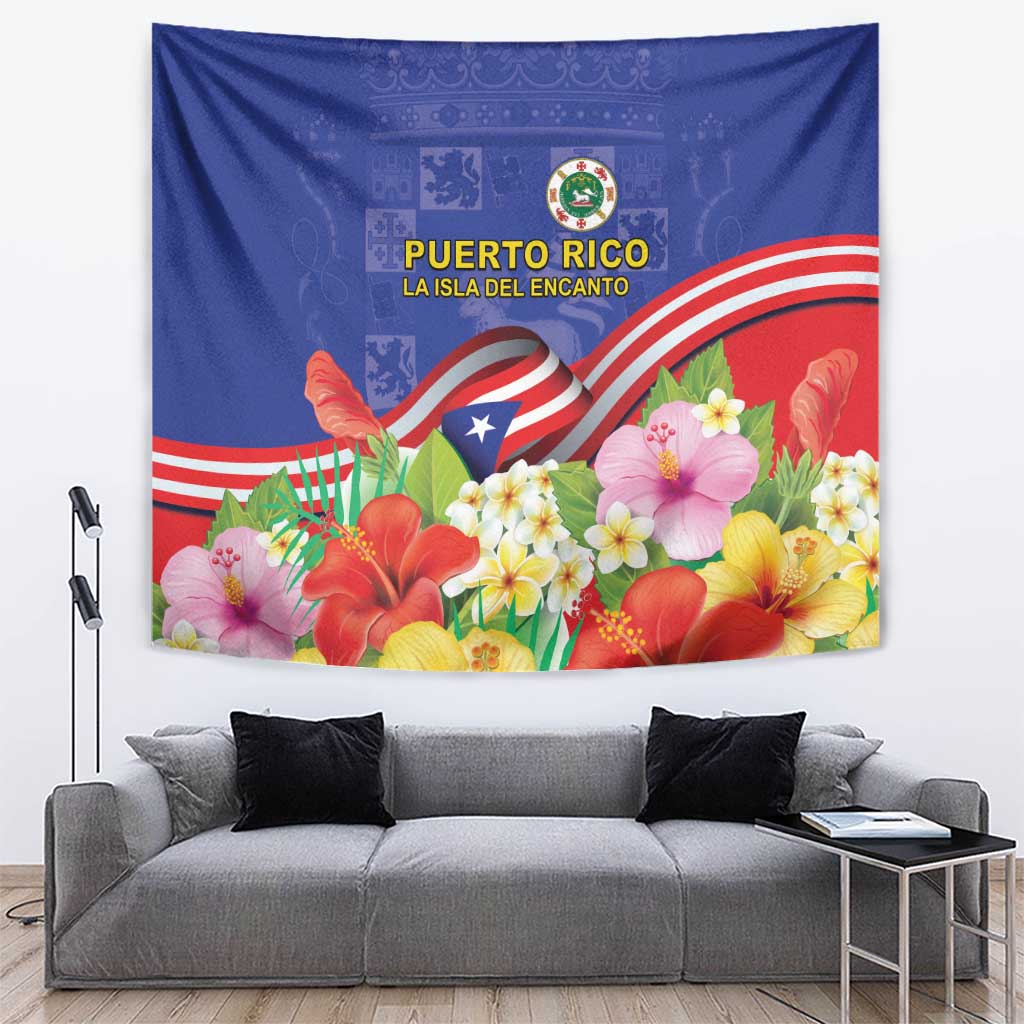 Puerto Rico Coat Of Arm Tapestry With Thespesia Grandiflora Flowers