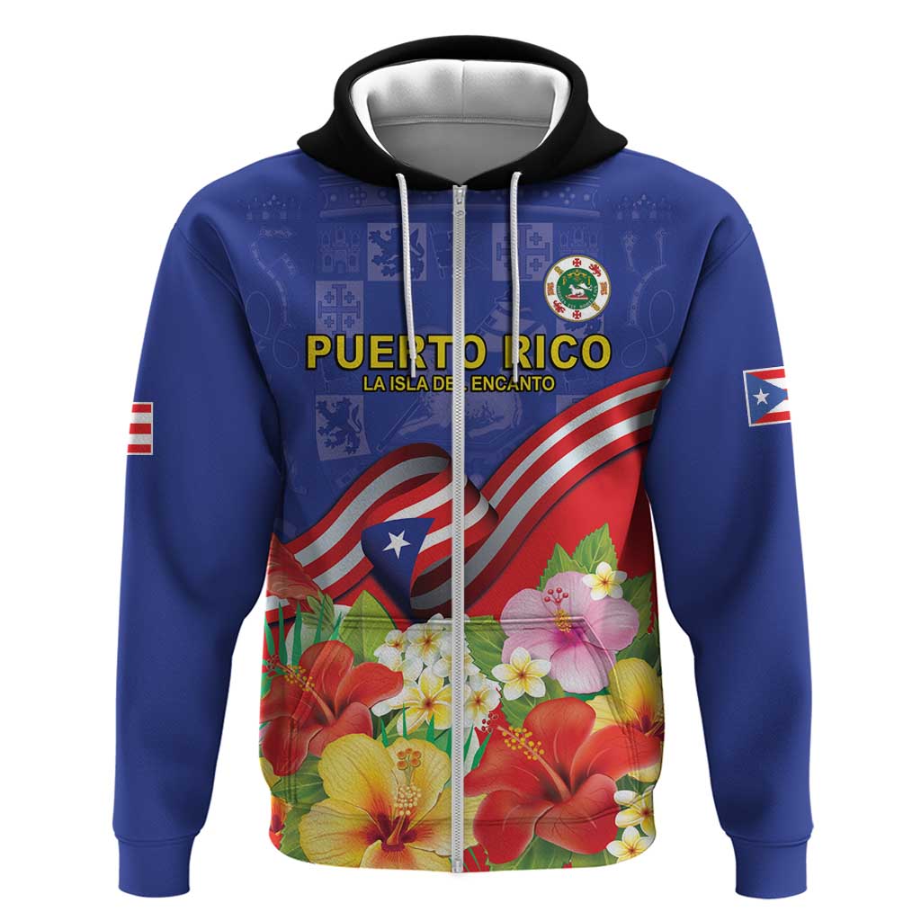 Puerto Rico Coat Of Arm Zip Hoodie With Thespesia Grandiflora Flowers - Wonder Print Shop