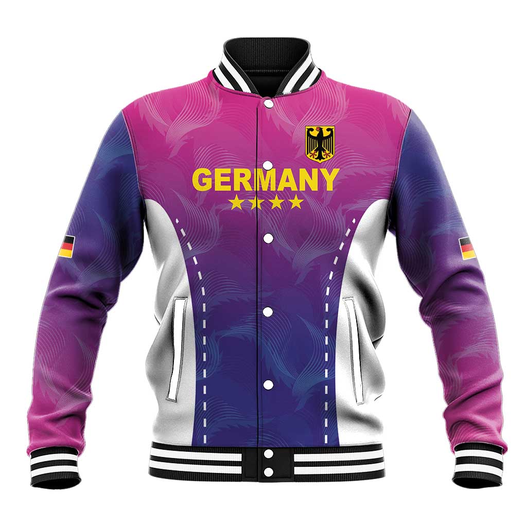 Unisex pink-and-purple varsity baseball jacket with Germany crest, stars, ribbed collar