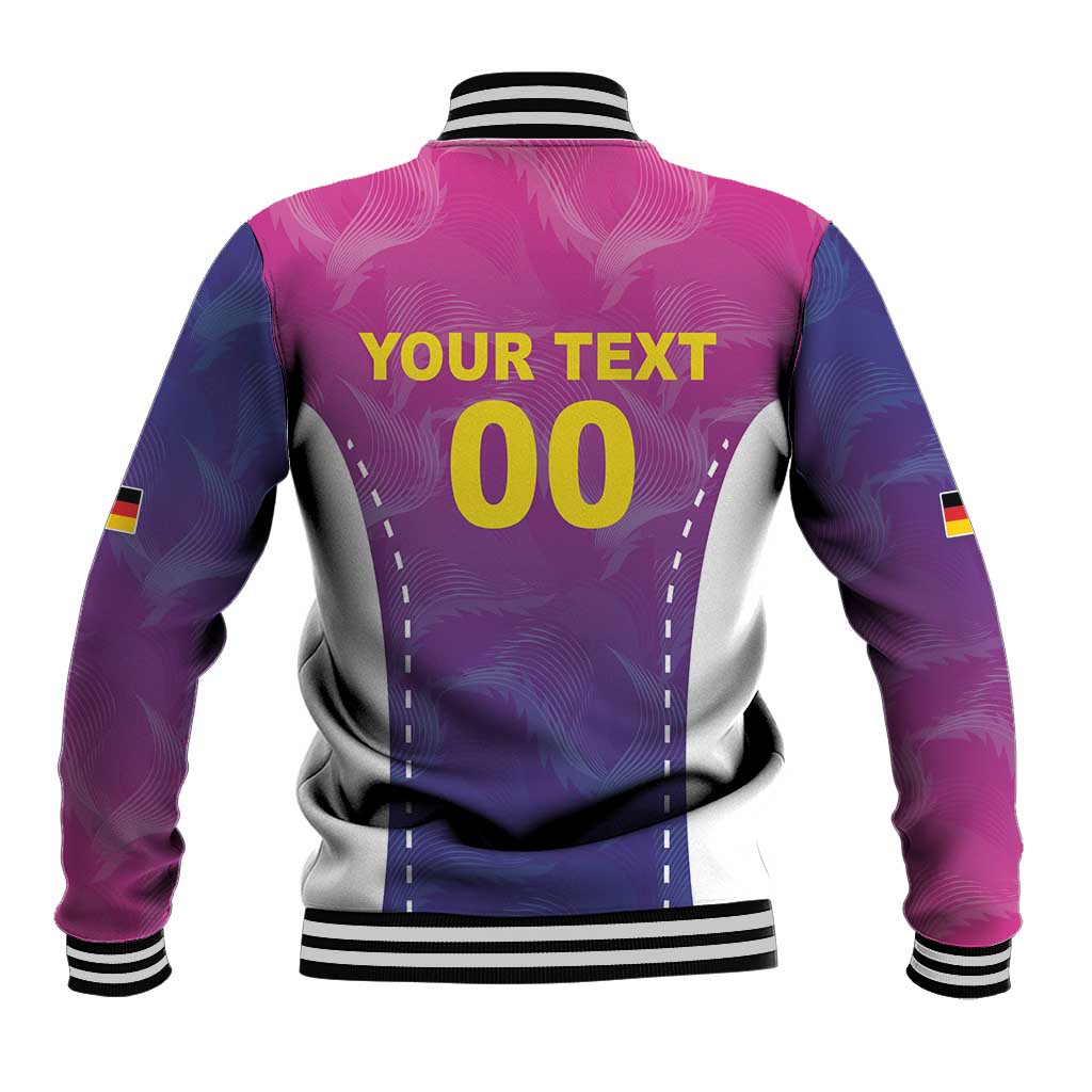 Unisex pink-and-purple varsity baseball jacket back with 'YOUR TEXT 00' and ribbed trim
