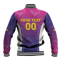 Unisex pink-and-purple varsity baseball jacket back with 'YOUR TEXT 00' and ribbed trim