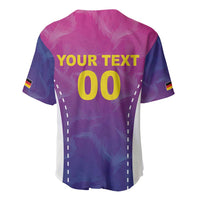 Back baseball jersey, pink-to-purple gradient, 'YOUR TEXT 00' print, button V-neck