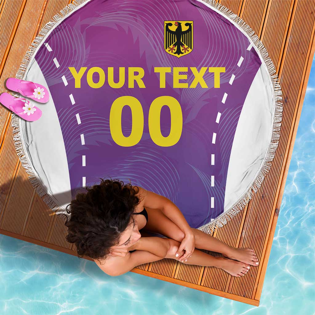 Round beach blanket in purple with white fringe, YOUR TEXT and 00 number design