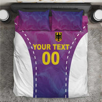 Pink and purple football bedding set with white sides, duvet and two pillowcases