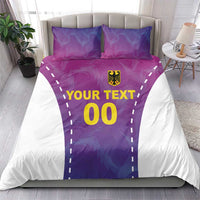 Pink and purple football bedding set with white duvet, two matching pillowcases, 'YOUR TEXT' '00'