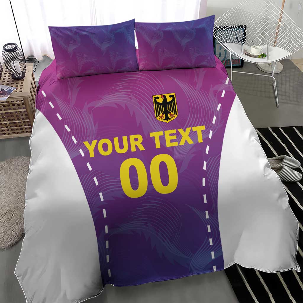 Pink and purple football bedding set close-up: white duvet panel, 'YOUR TEXT' '00' crest