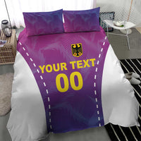 Pink and purple football bedding set close-up: white duvet panel, 'YOUR TEXT' '00' crest