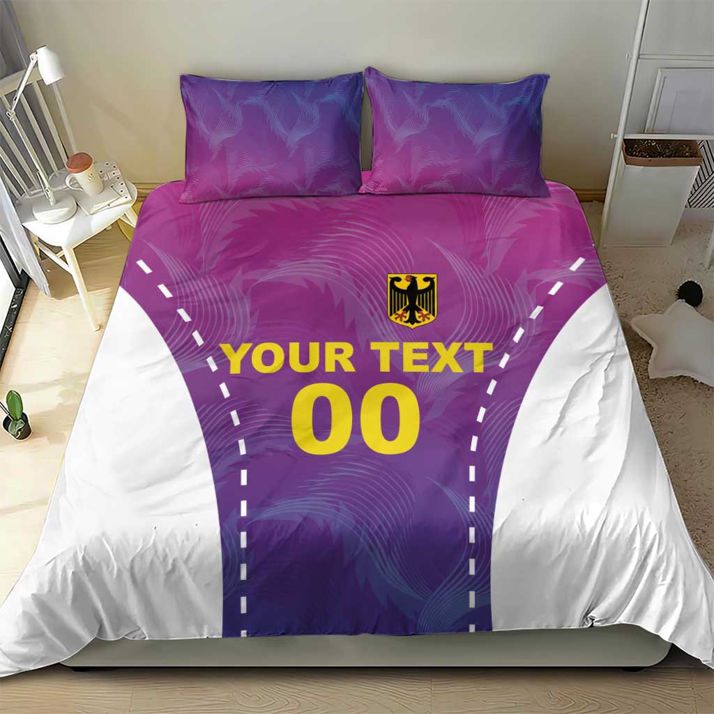 Pink and purple football bedding set with white backing, duvet front shows 'YOUR TEXT' 00