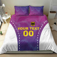 Pink and purple football bedding set with white backing, duvet front shows 'YOUR TEXT' 00