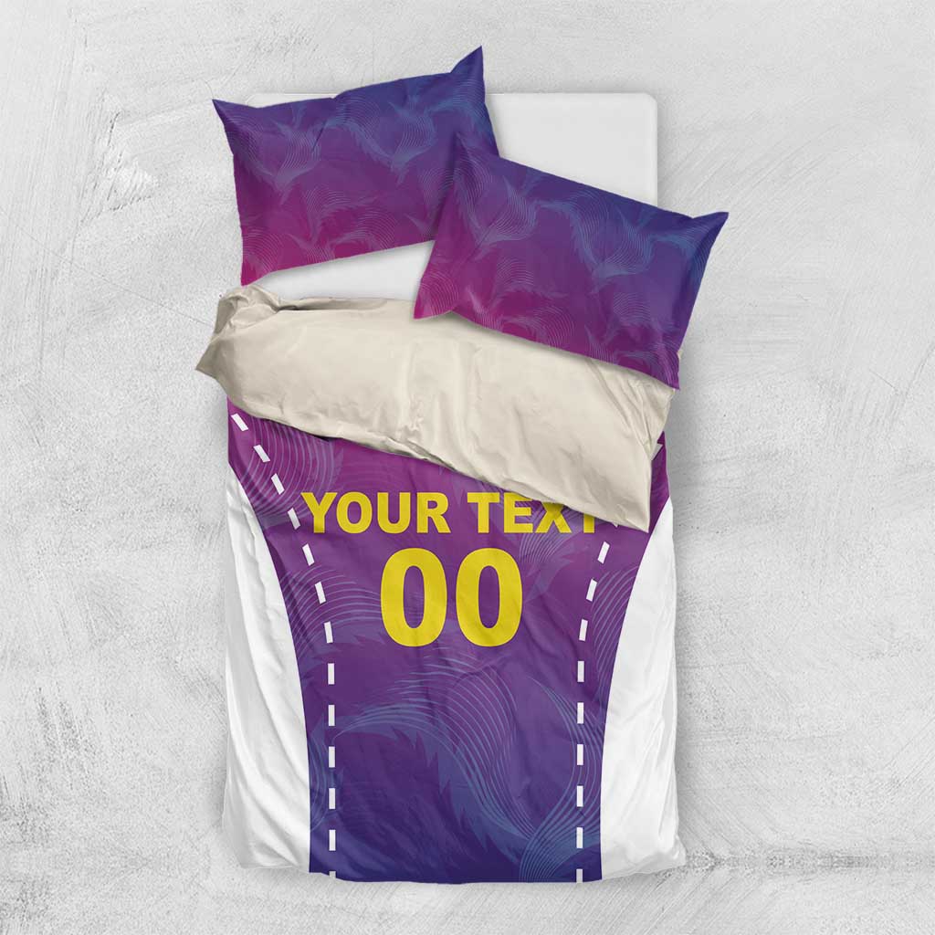 Pink and purple football bedding set, white duvet with 'YOUR TEXT' 00, two pillowcases