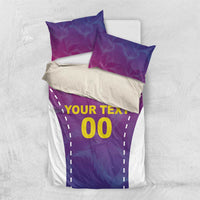 Pink and purple football bedding set, white duvet with 'YOUR TEXT' 00, two pillowcases