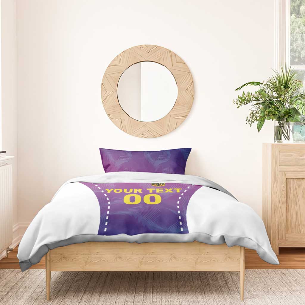 Pink and purple football bedding set, white comforter with 'YOUR TEXT' 00 lettering