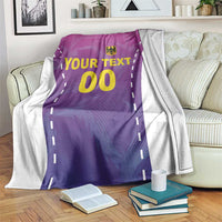 Pink and purple football blanket with white border, yellow “00” and “YOUR TEXT”