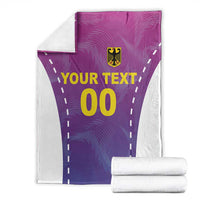 Purple and white football blanket with crest, dashed accents, “YOUR TEXT” and “00”