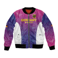 Pink and purple unisex football bomber jacket with Germany crest, star accents, zip front