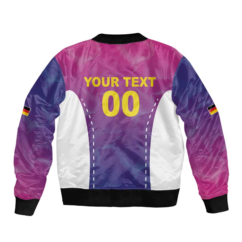 Pink and purple unisex football bomber jacket with YOUR TEXT 00 back print, zip front