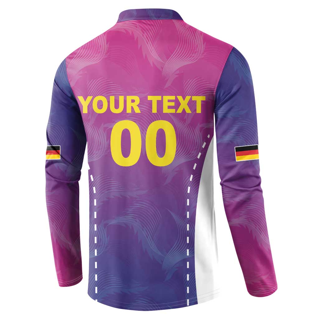 Back of long-sleeve pink-and-purple button football sweatshirt with YOUR TEXT 00