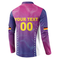 Back of long-sleeve pink-and-purple button football sweatshirt with YOUR TEXT 00