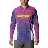 Long-sleeve pink-and-purple button football sweatshirt with Germany lettering and star row