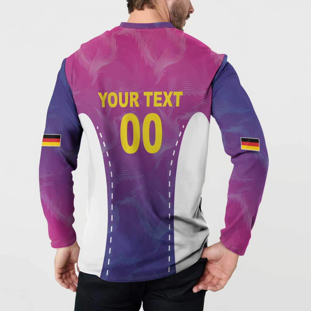 Back view of long-sleeve pink-and-purple button football sweatshirt with YOUR TEXT 00