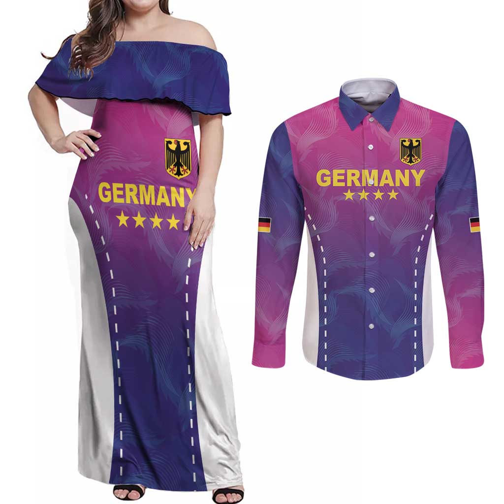 Custom Germany Football Couples Matching Off Shoulder Maxi Dress and Long Sleeve Button Shirt Pink Version - Wonder Print Shop