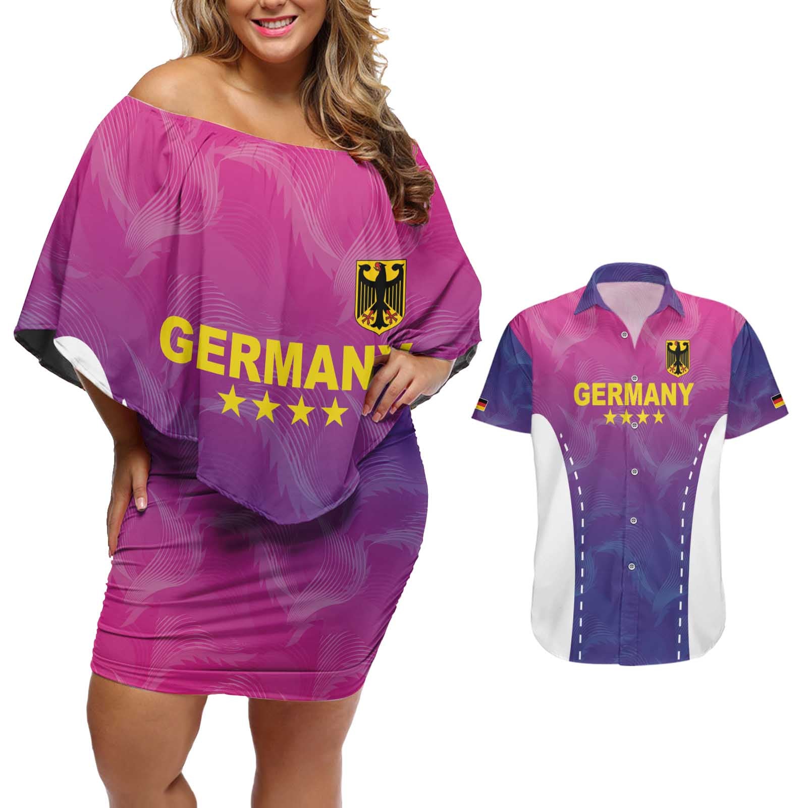 Custom Germany Football Couples Matching Off Shoulder Short Dress and Hawaiian Shirt Pink Version - Wonder Print Shop