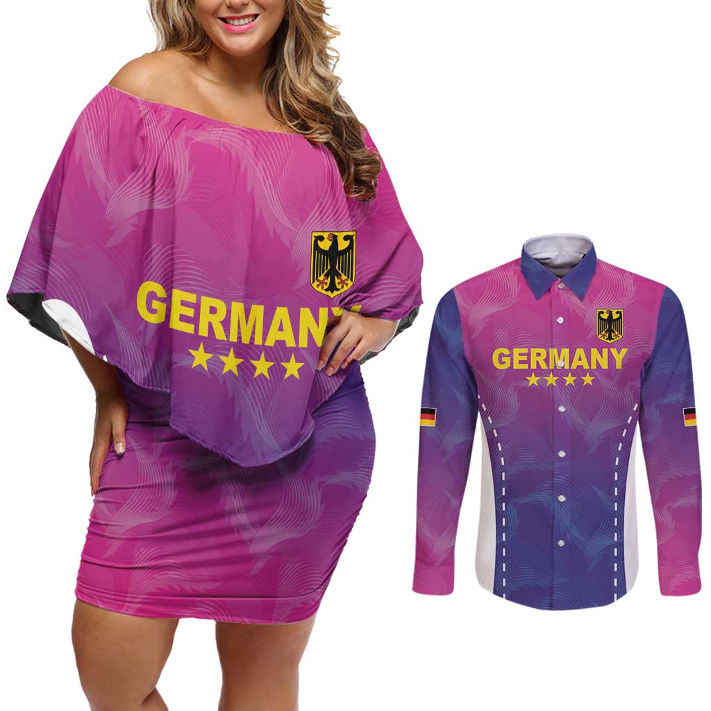 Custom Germany Football Couples Matching Off Shoulder Short Dress and Long Sleeve Button Shirt Pink Version - Wonder Print Shop