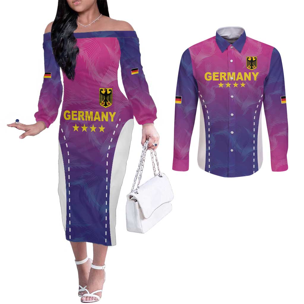 Custom Germany Football Couples Matching Off The Shoulder Long Sleeve Dress and Long Sleeve Button Shirt Pink Version