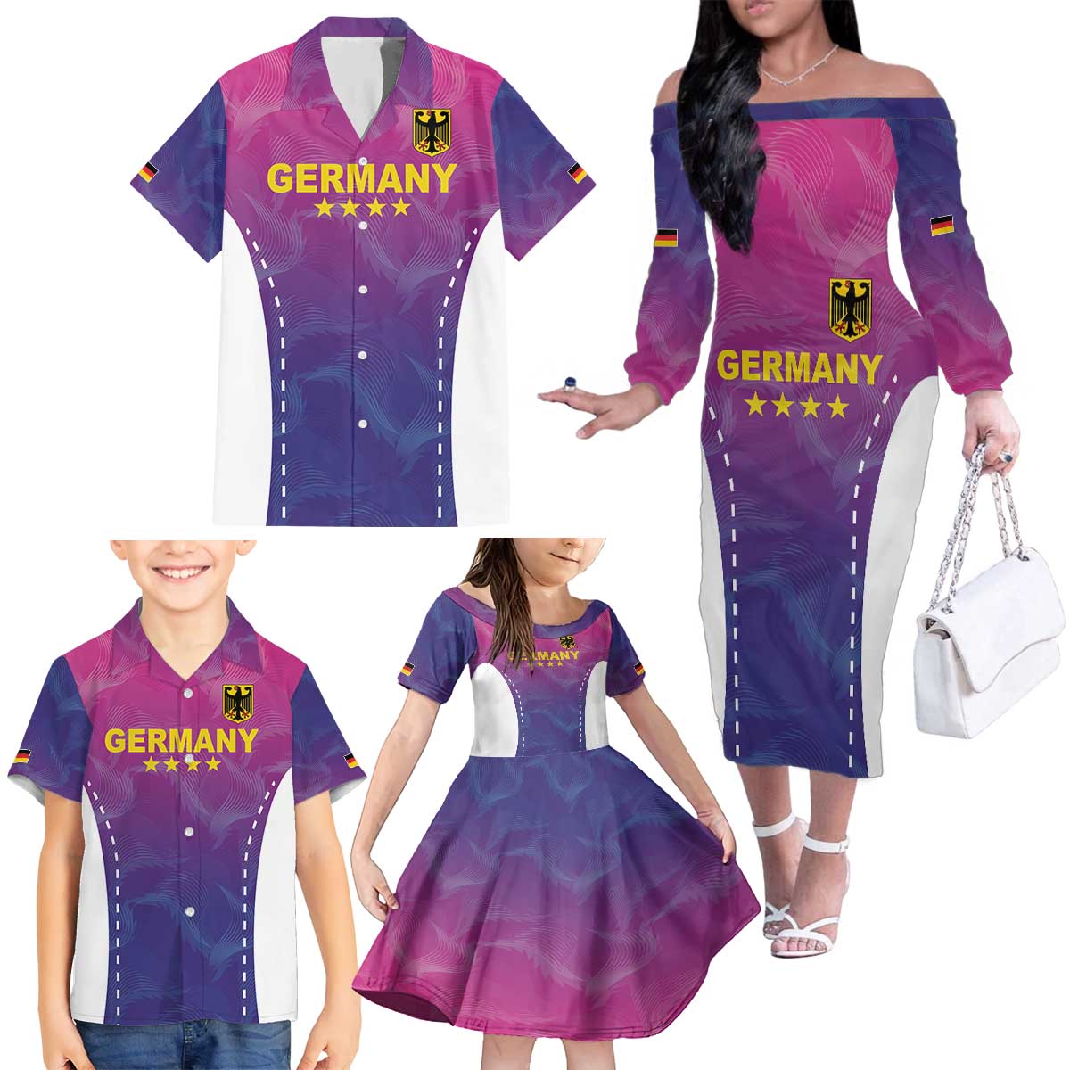 Custom Germany Football Family Matching Off The Shoulder Long Sleeve Dress and Hawaiian Shirt Pink Version - Wonder Print Shop