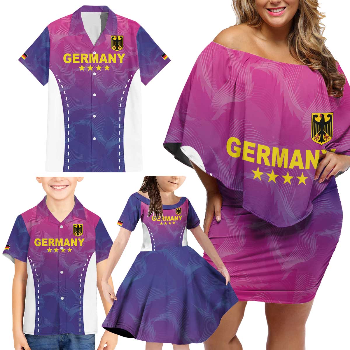 Custom Germany Football Family Matching Off Shoulder Short Dress and Hawaiian Shirt Pink Version - Wonder Print Shop