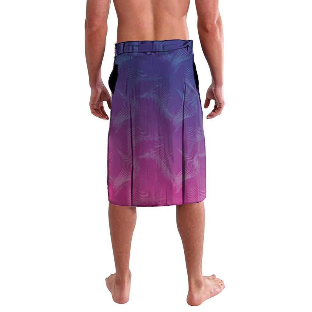 Purple and pink lavalava-style football shorts with elastic waistband, back view