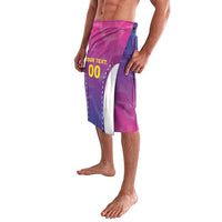 Pink and purple lavalava-style football shorts with side panel print, angled view